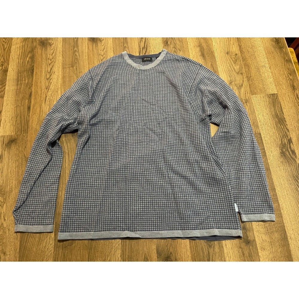 IZOD Sweater Men's Size Large Gray Navy Blue Long Sleeve Crewneck nailshead